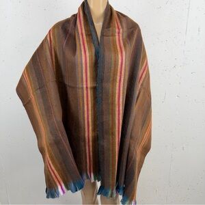 Unbranded handwoven Brown Blue striped alpaca wool shawl Wrap Scarf with fringe